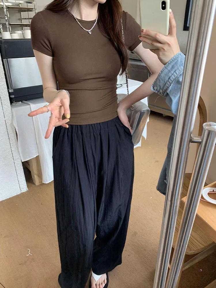 베이직 솔리드 크롭탑 반팔 크루넥 슬림핏 티셔츠 여름 캐주얼 여성용 Y2K 빈티지 탑 하라주쿠 스트릿웨어