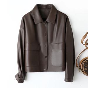 2025년 가을 겨울 여성용 100% 진짜 가죽 재킷 캐주얼 숏 라펠 싱글 브레스티드 양가죽 코트 탑