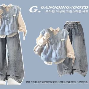 스윗 프레시 하이웨이스트 니트 베스트 드로스트링 데님 진 폴로 셔츠 3종 세트 가을 2025 신상 컬리지 스타일 패션