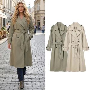 Willshela 여성 패션 벨트 포함 솔리드 더블 브레스티드 트렌치 빈티지 라펠 넥 긴 소매 여성 시크 레이디 의상