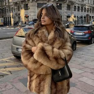 PUAL 럭셔리 브랜드 패션 여성용 노란색 줄무늬 인조 모피 재킷 코트 시크한 소녀용 2025 겨울 오버사이즈 따뜻한 외투