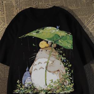 일본식 복고풍 스트리트 펀 토토로 프린트 시크 커플 반팔 티셔츠, 순면 남성 및 여성 상의