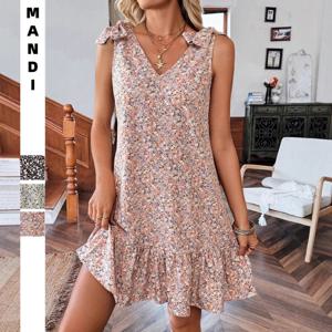 여성 드레스 봄/여름 2026 컬렉션 V넥 리본 칼라 프린트 민소매 드레스 여성 캐주얼 파티웨어