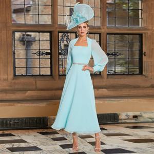 시폰 A 라인 미디 웨딩 하객, 우아한 신부 어머니 원피스, 긴 소매 티 길이 파티