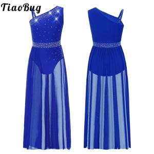 키즈 소녀 라인 석 서정적 현대 댄스 복장 비대칭 민소매 발레 체조 피겨 스케이팅 레오타드 드레스 댄스웨어