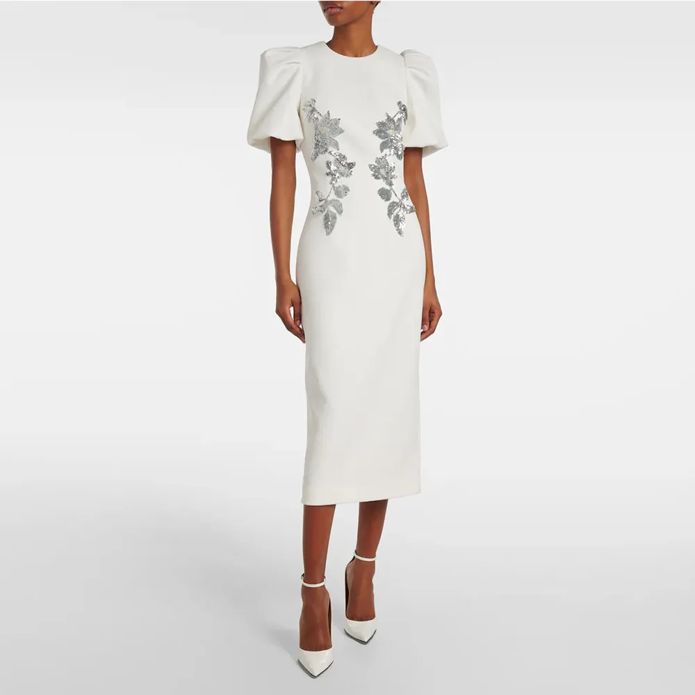 여성용 패션 아이보리 이브닝 가운, 시스 정장 파티 드레스, 티 길이 반팔 프롬 드레스, 시퀸 아플리케 사우디 드레스