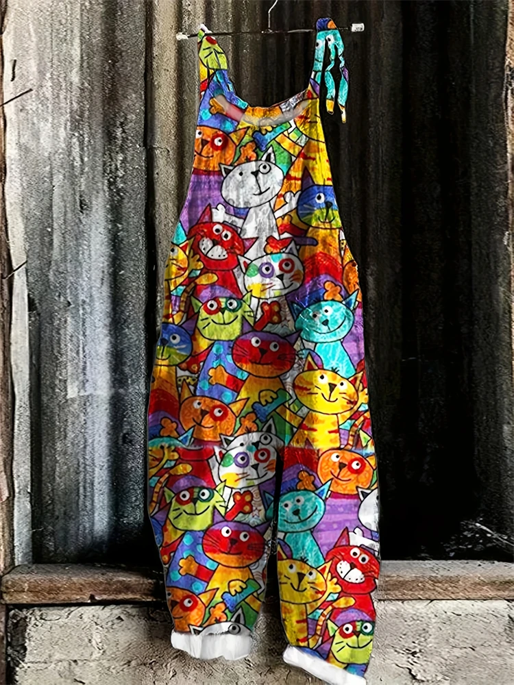 2025 신상 봄 여름 홀터 점프수트 여성용 재미있는 고양이 프린트 풀오버 홀터 팬츠 캐주얼 루즈핏 하이웨이스트 점프수트