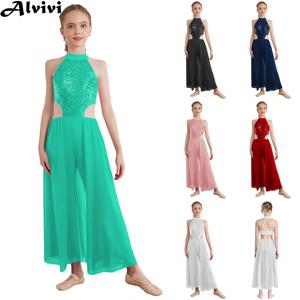 어린이 소녀 현대 서정적 댄스 점프슈트 반짝이는 스팽글 민소매 메쉬 바디슈트 라틴 스케이팅 체조 아크로바틱 의상