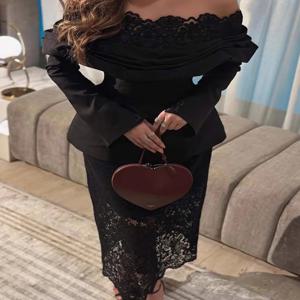 블랙 섹시 레이스 이브닝 드레스 원숄더 롱 슬리브 미드 웨이스트 플로어 기장 파티 드레스 여성용 다양한 행사에 적합
