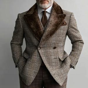 우아한 비즈니스 정장 남성 하운드투스 엘레강스 스타일 프롬 블레이저 플러시 피크 라펠 더블 브레스티드 신랑 웨딩 턱시도 2025