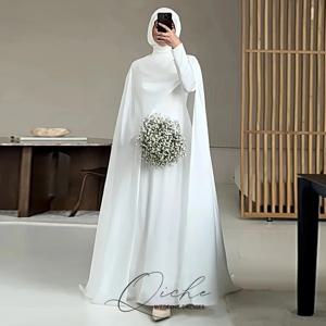 QICHE 단정한 흰색 무슬림 웨딩드레스, 케이프 포함, 맞춤 제작 신부 드레스, 우아한 긴 소매 여성 신부, 시민 결혼식 드레스