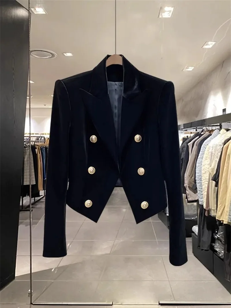 2025년 신상 벨벳 더블 브레스티드 셔츠 슬림하고 다재다능한 스타일로 키 작은 여성에게 적합한 숏 수트 재킷