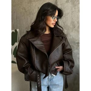 패션 여성 의류 고급 디자인 감각의 새로운 기질을 보여주는 라펠 숏 스트랩업 트렌디 INS 브라운 가죽 재킷