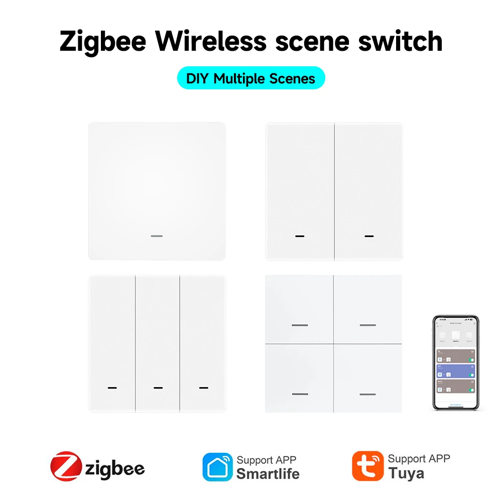 Tuya ZigBee 3.0 스마트 장면 스위치 무선 무료 스티커 벽 장면 스위치 푸시 버튼 배터리 구동 송신기 Alexa