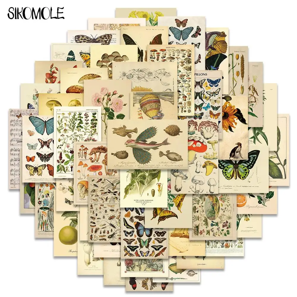 10/30/50PCS 레트로 식물 곤충 꽃 아트 스티커 버섯 동물 DIY 어린이 노트북 스케이트 보드 가방 데칼 낙서 스티커