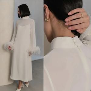 맞춤형 쉬폰 깃털, 홈커밍 A라인 하이 칼라, 맞춤형 가운, 미디 드레스