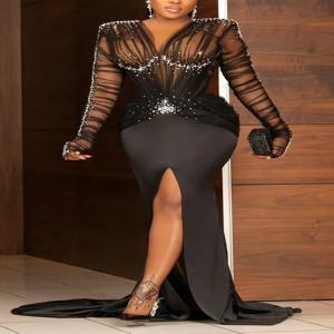 여성을위한 이브닝 드레스 플러스 사이즈 스팽글 슬림 패티 클럽 우아한 긴 소매 셔링 라인 석 진주 장식 슬릿 기차 맥시 드레스