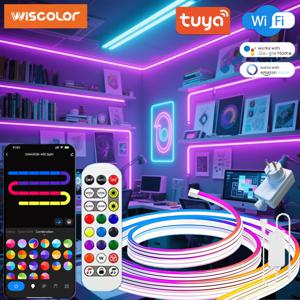 WISCOLOR 음성 제어를 지원하는 방수 실리콘 음악 동기화 24V Tuya Wi-Fi LED 네온 스트립 조명 실내 실외 장식 조명용 Aleax / Google 홈 / 스마트 라이프