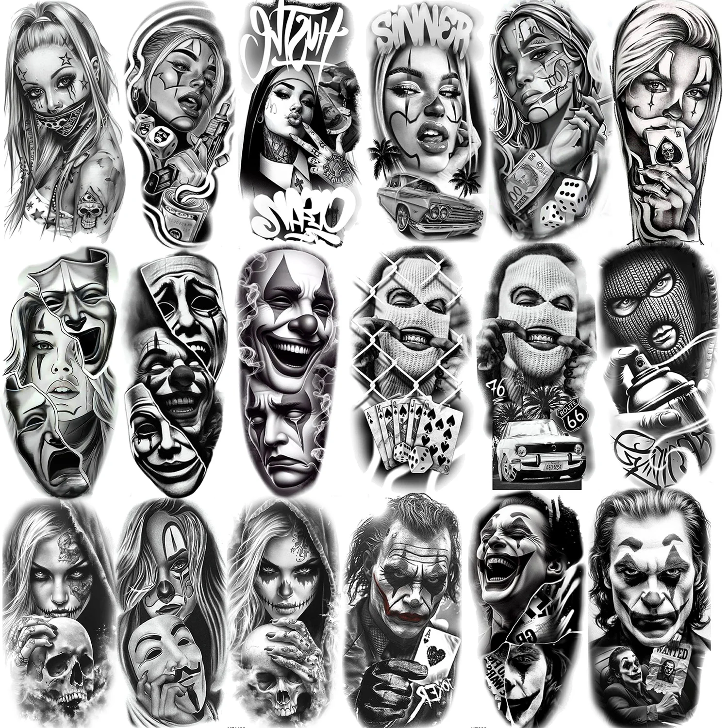 1 시트 성인을위한 유행 멋진 강도 갱스터 임시 문신 나쁜 남자 반란군 문신 방수 현실적인 가짜 문신 스티커