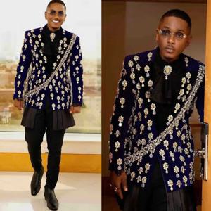 크리스탈 신랑 웨딩 턱시도 2 조각 플러스 사이즈 구슬 남성 바지 정장 연회 파티 생일 착용 맞춤형