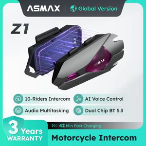 ASMAX Z1 오토바이 블루투스 인터콤, IP67 방수 헬멧 헤드셋, 2칩 8코어, HIFI 스피커, ENC, 42분 고속 충전 음악 공유