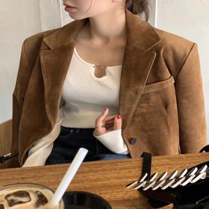 레트로 퓨어 컬러 스웨이드 자켓 여성용 루즈핏 캐주얼 코트 가을 신상 출퇴근룩 긴소매 버튼업 프론트