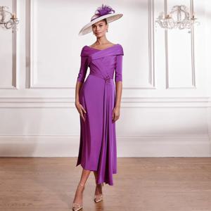 여성용 웨딩 게스트 드레스, 미디 V넥 비딩 우아한 신부 어머니 드레스, 티 길이 3/4 소매 파티 가운