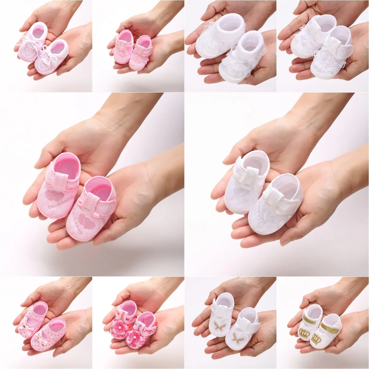 신생아의 첫 번째 침례 신발: 신생아 소년 소녀의 흰색 침례 신발 부드러운 단독 운동화 여러 스타일-9CM/10CM