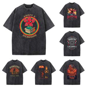 Demogorgon Hawkins 빈티지 워시드 티셔츠 여성 남성 애니메이션 코튼 티셔츠 여름 하라주쿠 스트리트 탑 의류