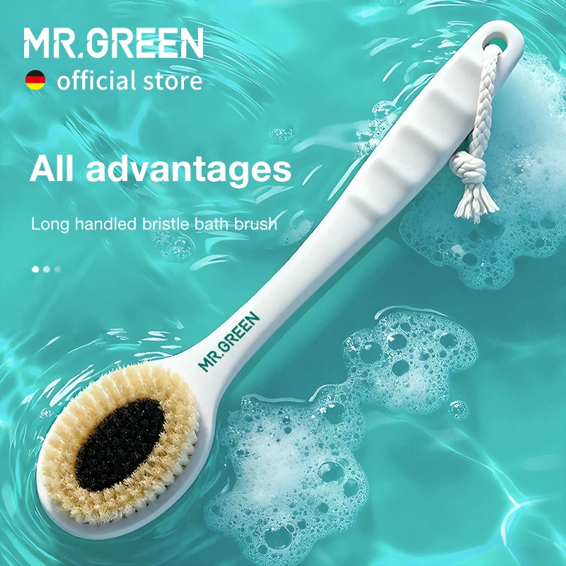 MR.GREEN 긴 손잡이 천연 멧돼지털 목욕 브러시 – 깊은 세정 및 피부에 부드러움 친환경