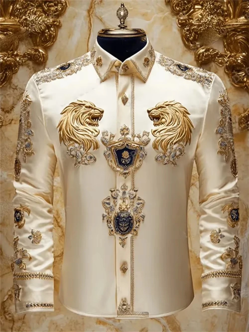 남성용 럭셔리 웨스턴 라이온 긴팔 버튼업 셔츠 플로럴 골드 3D 프린트 하와이안 셔츠 남녀 패션 디자인 블라우스 슬림 신상