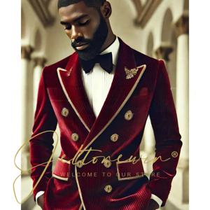 남성용 우아한 부르고뉴 코듀로이 더블 브레스트 정장 남성용 골드 버튼 정장 턱시도 결혼식 저녁 파티 2PCS