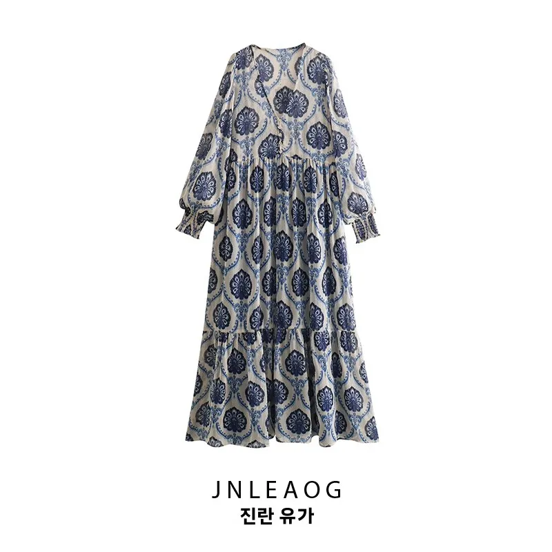 봄 신상 여성 패션 다용도 메탈 컬러 라인 프린트 드레스 루즈핏 허리 폴리에스터 섬유 긴팔 V넥 캐주얼