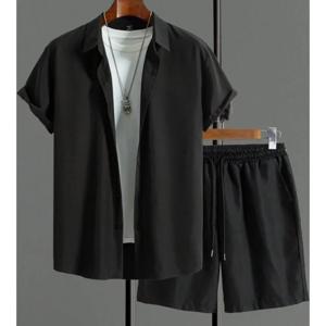 심플 솔리드 컬러 남성 하와이안 셔츠 여름 트렌드 반팔 반바지 투피스 데일리 캐주얼 쇼츠 탑 수트 패션 오버사이즈