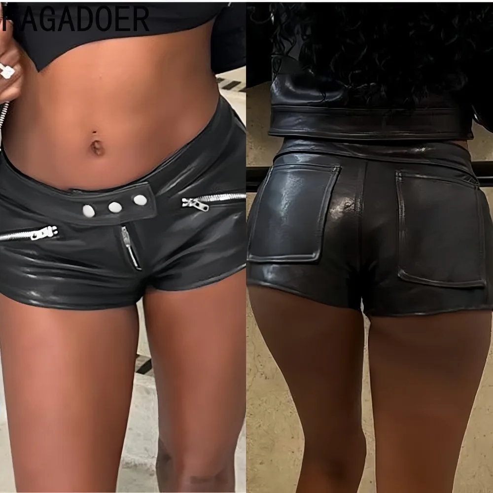 FAGADOER 펑크 고딕 섹시한 가죽 Bodycon 반바지 여성용 블랙 지퍼 패치 워크 로우 웨이스트 반바지 여성 streetwear 바지
