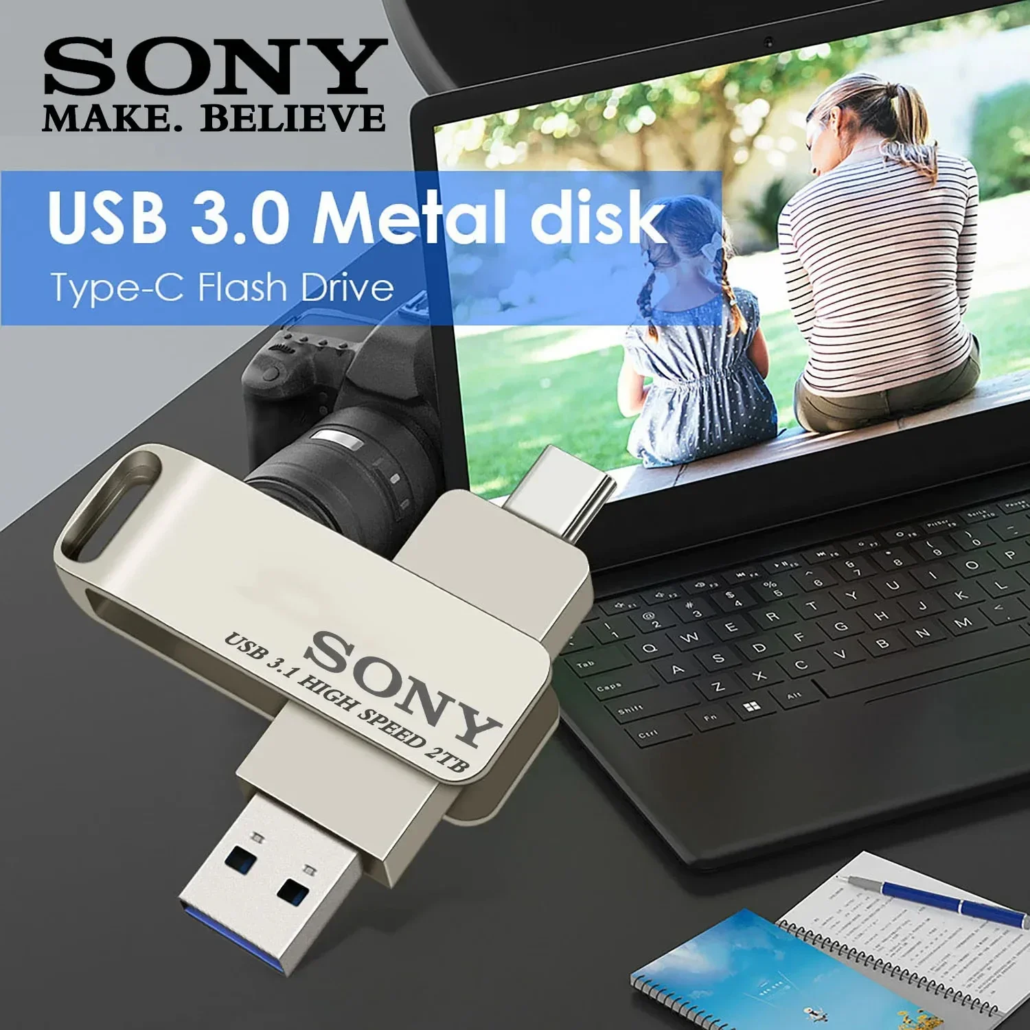 소니 고속 USB 플래시 드라이브 2TB OTG USB 3.1 듀얼-C 메탈 메모리 스틱 (컴퓨터 및 모바일용) - 128GB 256GB 512GB 1TB