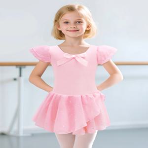 여아용 반짝이 레오타드, 발레 댄스 드레스, 투투 스커트, 러플 슬리브, 발레 레오타드, 공연 의류