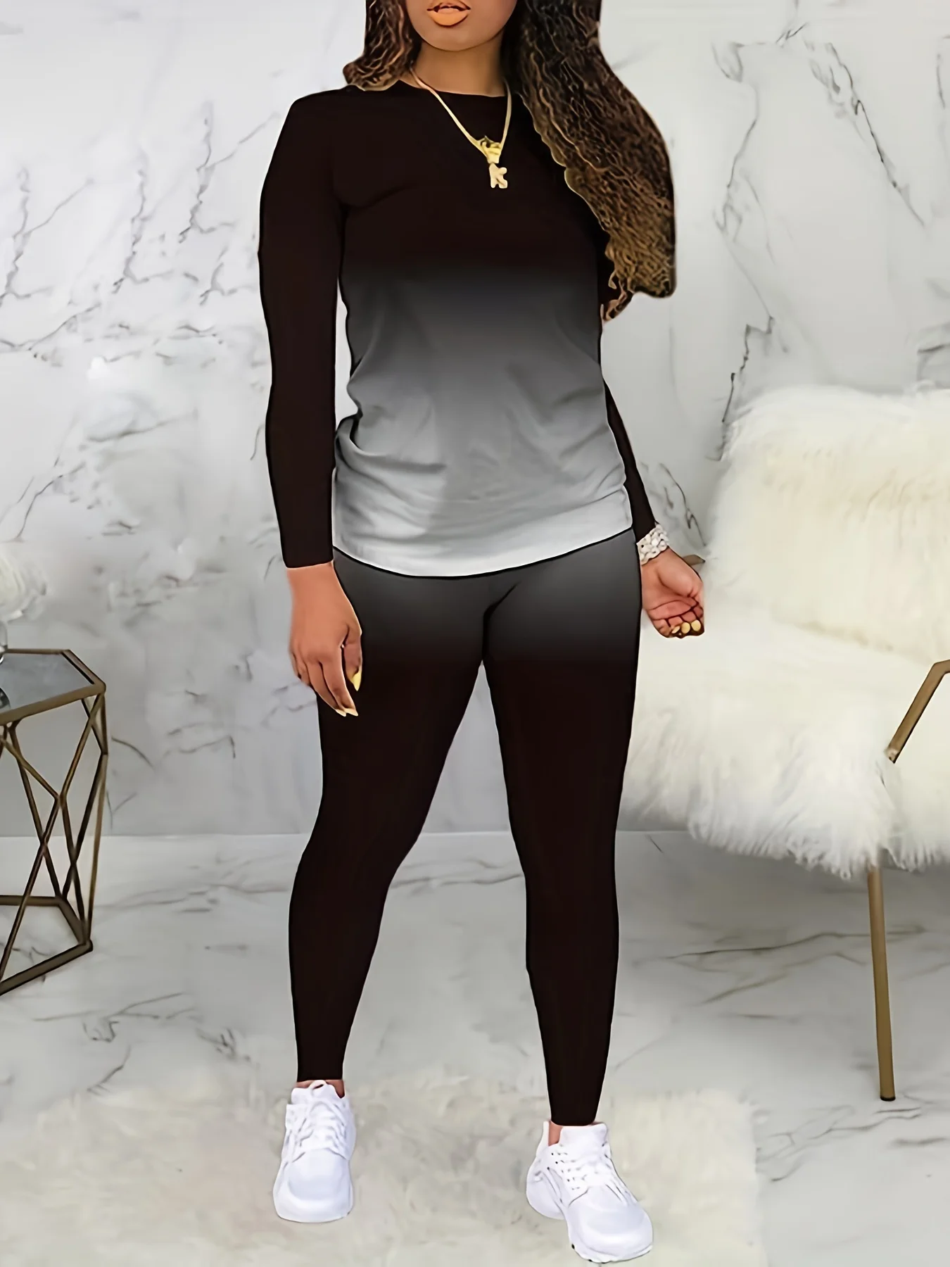 플러스 사이즈 유럽과 미국의 국경 봄과 가을 새로운 라운드 넥 그라데이션 긴 소매 바지 캐주얼 정장