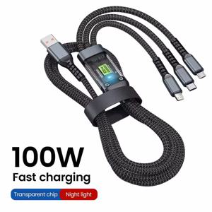 100W 3 in 1 투명 파일럿 램프 초고속 충전 케이블 6A 유니버설 타입 C USB 마이크로 아이폰 샤오미 삼성 화웨이용