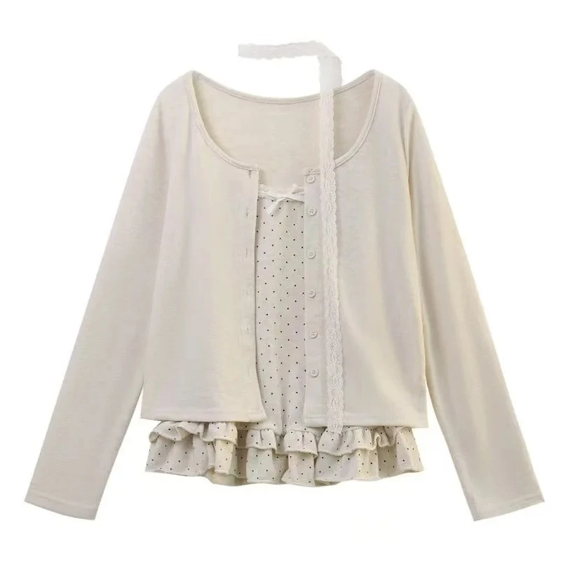 여성 한국 패션 Coquette Shoujo 소녀 발레 코어 탑 세트 2000 년대 미적 티셔츠 긴 소매 티 Gyaru 디자인 빈티지