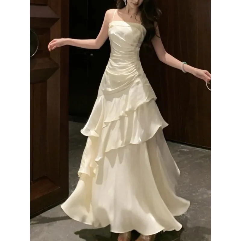 프랑스 우아한 럭셔리 러플 슬링 머메이드 드레스 프롬 가운 지퍼 티어드 숄더 드레스 2025 여름 시크 신상 베스티도스