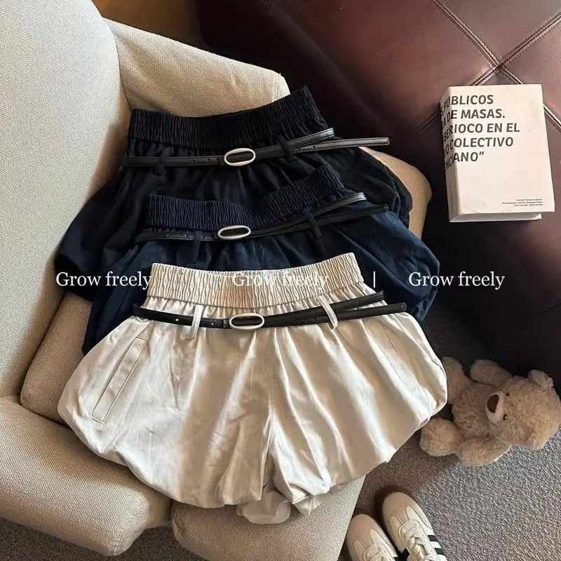 여성 하이웨이스트 캐주얼 여름 2025 신축성 허리 반바지 한국 스타일 플라워 스커트 팬츠 (벨트 포함)