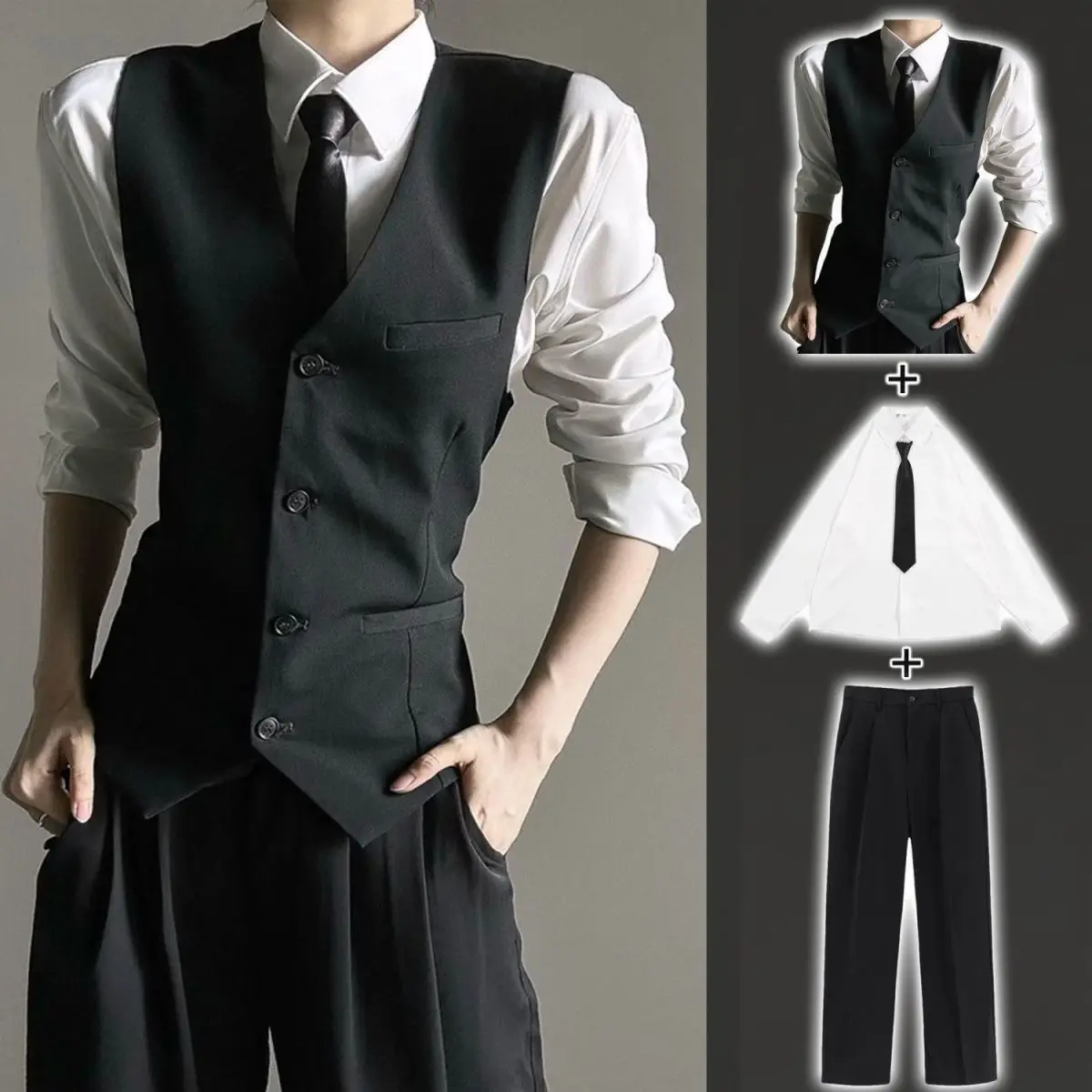 블랙 쓰리피스 수트 베스트 세트 슬림핏 남녀공용 뉴트럴 스타일 패셔너블 비즈니스 캐주얼 플랫 칼라 싱글 버튼