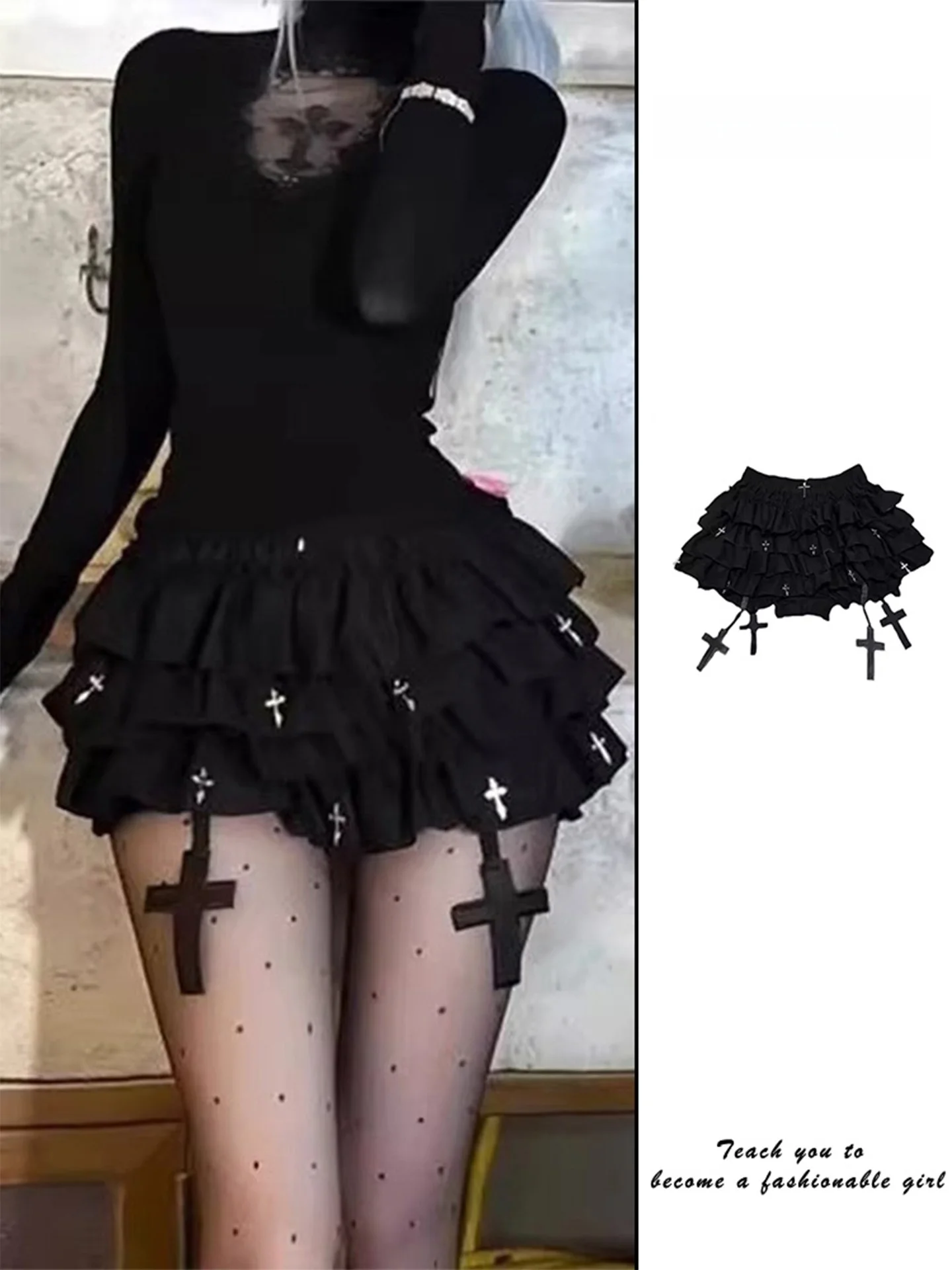 고딕 스타일 하프 스커트 블랙 케이크 스커트 여성 가을 섹시 퍼피 숏 스커트 안티라이트 하이웨이스트 슬림핏 캐주얼 스커트