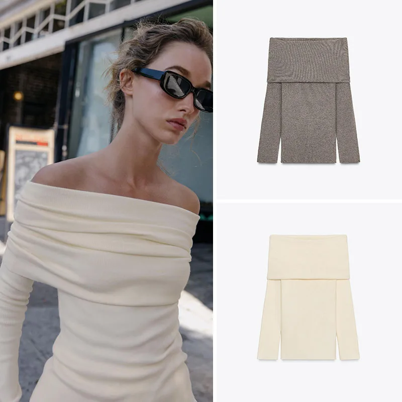 새로운 여성 니트 튜브탑 폴디드 셔츠 슬림핏 긴팔 가을 2025 젊은 여성들을 위한 패션