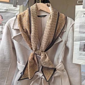 레트로 더블 레이어 실크 스카프 넥 워머 프린트 장식용 롱 폴리에스터 섬유 가을 겨울 여성 패션 액세서리