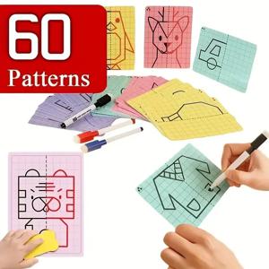 60개의 패턴이 있는 재사용 가능한 대칭 드로잉 카드, 펜 아트 트레이닝 세트, 휴대용 교육 활동, 크리스마스 및 생일 선물