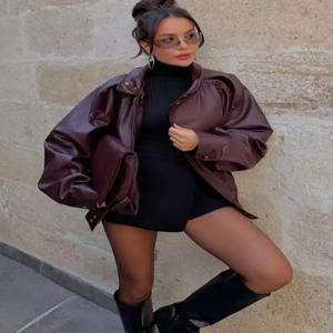 패션 스탠드 칼라 가죽 재킷 여성용 솔리드 긴 소매 라펠 지퍼 숏 루즈 재킷 2026 레이디 봄 가을 아우터웨어