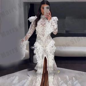 럭셔리 여성의 신부 가운 보헤미안 레이스 트럼펫 슬리브 높은 칼라 공주 볼 웨딩 드레스 공식 파티 맞춤형 가운