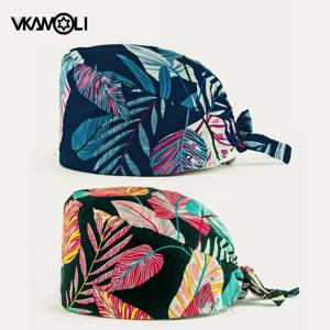 여성용 꽃 프린트 캡 땀 흡수 스크럽 캡, 간호사 스크럽, 건강 서비스 작업자, 조정 가능한 캡, 실험실 모자, 신제품